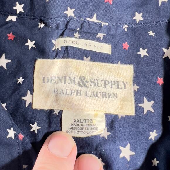 Denim & Supply Ralph Lauren Button Shirt Men XXL Reg Fit Red White Stars on Blue - Picture 2 of 12